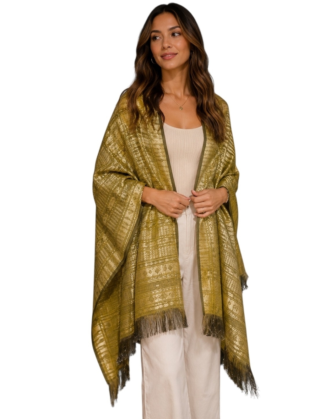 Thai Silk Blend Brocade Elephant Fringe Shawl Wrap Scarf Boho Luxe